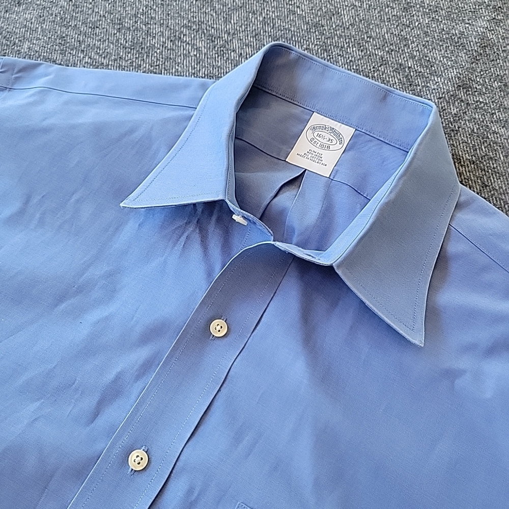 Brooks Brothers Dress Shirt Men's 16.5 35 Slim Fit Blue‎ Button Up Non Iron